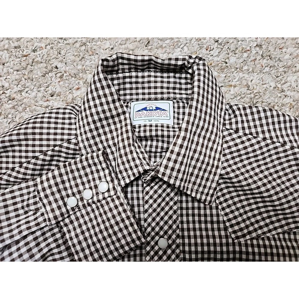 DAKOTA Five Brother Brown White Plaid Pearl‎ Snap Shirt Medium USA Vintage Mens